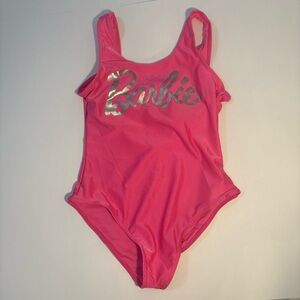 Barbie Hot Pink One Piece Swimsuit Bow Back Sz 6/6x Silver Shiny Logo